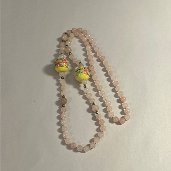 Vintage Jewelry - Vintage Rose Quartz Beaded Necklace with Painted Floral Accent Beads